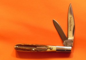 Schatt & Morgan (Queen) Gents Barlow Pocket Knife w/ Great wide Stag Handles & Blade Etch -NOS