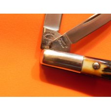 Schatt & Morgan (Queen) Gents Barlow Pocket Knife w/ Great wide Stag Handles & Blade Etch -NOS Schatt & Morgan (Queen) Gents Barlow Pocket Knife w/ Great wide Stag Handles & Blade Etch -NOS