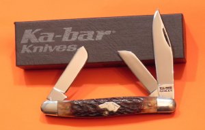 Vintage Ka-Bar Dog Head 3 Blade Stockman Knife w/ Great Chestnut Bone Handles - NOS & M/NM
