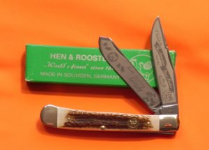 Hen & Rooster (Grizzly Bear Hunter) Trapper w/ Fantastic Deer Stag Handles - NOS - NM/M -1 of 100