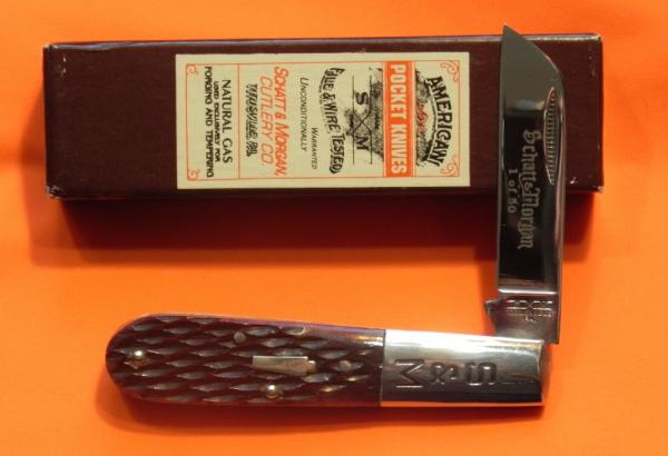 Schatt & Morgan (Queen) Barlow Pocket Knife w/ Jigged Brown Bone Handles & Blade Etch -1 of 50 Schatt & Morgan (Queen) Barlow Pocket Knife w/ Jigged Brown Bone Handles & Blade Etch -1 of 50