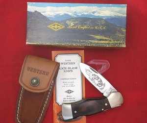 Western USA S-532 "B"  Wood Westlock Lockback Knife Sheath & Box 1978 Cougar / Mountain Lion Etch
