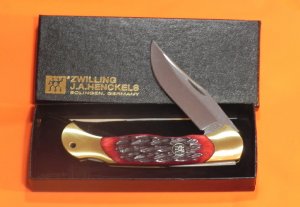 Vintage J A Henckels Large Folding Hunter Knife w/ Red Jigged Bone Handles - NOS in box w/ COA