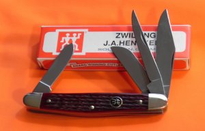 J A Henckels 4 Blade Stockman with Beautiful Dark Red Pick Bone Handles - NOS NM/M -Nice One!