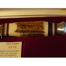 Vint J A Henckels Presentation Fixed Blade Hunter w Deer Stag Handles +Deer Heard Running Blade Etch Vint J A Henckels Presentation Fixed Blade Hunter w Deer Stag Handles +Deer Heard Running Blade Etch