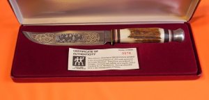 Vint J A Henckels Presentation Fixed Blade Hunter w Deer Stag Handles +Deer Heard Running Blade Etch