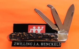 Vintage J A Henckels "Friodur" 3 Blade Push Lever Lock Large Hunter Gnarly Stag Handles -MDL# 2107