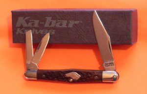 Vintage Ka-Bar Dog Head 3 Blade Whittler Knife w/ Great Chestnut Bone Handles - NOS & Near Mint