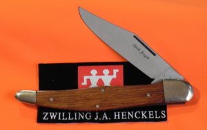 Vintage J A Henckels Lg 5 & 1/4" Folding Hunter Knife w Walnut Handles +Hand Forged Blade Etch -NOS