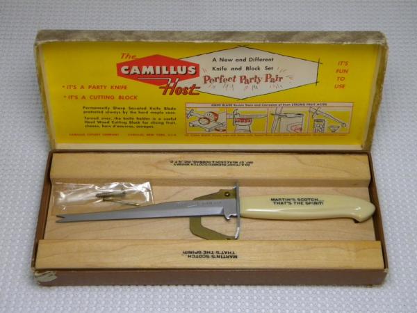 Camillus USA "The Camillus Host" Fixed Blade Party Knife and Cutting Block in Box - Martin's Scotch Camillus USA "The Camillus Host" Fixed Blade Party Knife and Cutting Block in Box - Martin's Scotch