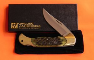 Vintage J A Henckels 4" Folding Lock Back Hunting/Hunter Knife with Green Pick Bone Handles - NOS