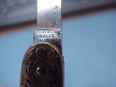 Schrade Cut Co German Silver Small double switchblade with leather purse Schrade Cut Co German Silver Small double switchblade with leather purse
