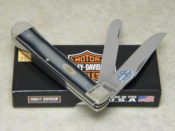 Case XX USA 2013 Black and SIlver Micarta 10254 Harley Davidson SS Trapper Knife in Box Case XX USA 2013 Black and SIlver Micarta 10254 Harley Davidson SS Trapper Knife in Box