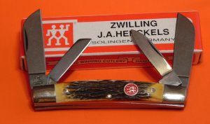 Vintage, NOS, J A Henckels 4 Blade Congress Knife w/ Nice Stag Handles w/ Red Shield +Orig Box
