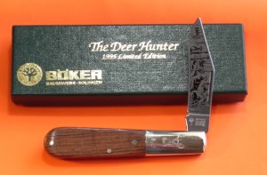 1995 Boker Tree Brand Deer Hunter Barlow w Wood Handles & Deer on Bolster & Blade Etch Hunting Scene