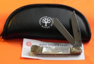 Boker "Double Tree" Trapper w/ Flawless & Fiery Mother of Pearl Handles & Fancy Bolsters -WOW