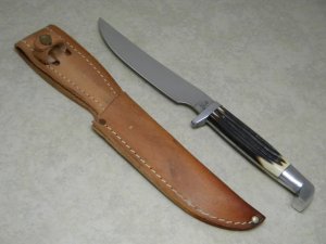 Queen #75 Made in USA Imitation Winterbottom Bone Hunting Fixed Blade Sheath Knife c.1980's