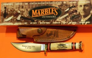 Marbles USA WoodCraft Hunting Knife w Rare Slab Stag Handles & Stag Pomel +Sheath & Box -1 of 50