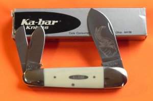 Ka-Bar Elephant/Toenail Whittler Pocket Knife w/ Green'ish Appaloosa Bone Handles & Blade Etch -NOS