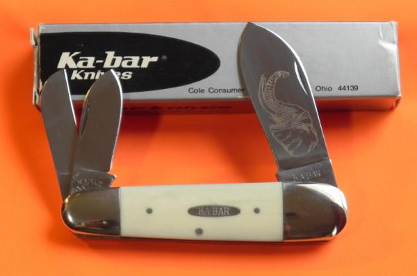Ka-Bar Elephant/Toenail Whittler Pocket Knife w/ Green'ish Appaloosa Bone Handles & Blade Etch -NOS Ka-Bar Elephant/Toenail Whittler Pocket Knife w/ Green'ish Appaloosa Bone Handles & Blade Etch -NOS