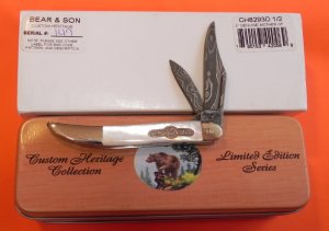 Bear & Son Special Build (147 of 250 ) ToothPick Knife w Genuine Fiery Pearl Handles +Damascus Blade