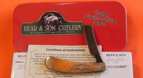 Bear & Son Special Build (9 of 20 ) Small Razor Knife w Orange Bone Handles +Titanium Coated Blade