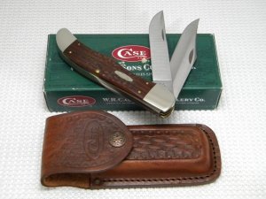 Case XX USA 2002 Wood 6265 SS Folding Hunter Knife - NIB w/Leather Pouch