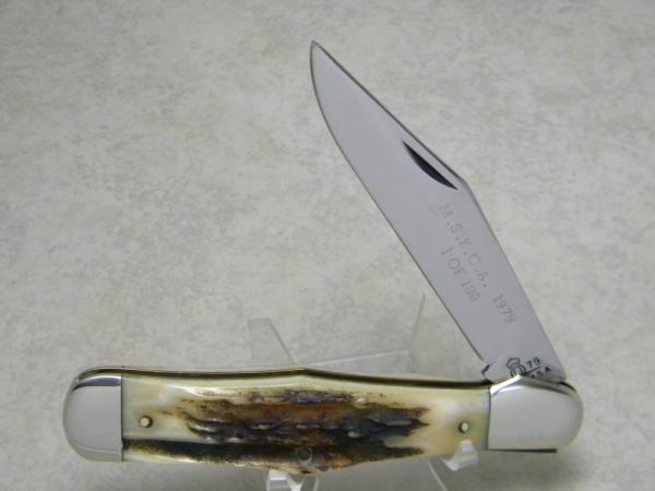 Queen USA #38 Genuine Stag M.S.K.C.A. Coke Bottle Folding Hunter Knife Q79 Tang Stamp Etched c.1979 Queen USA #38 Genuine Stag M.S.K.C.A. Coke Bottle Folding Hunter Knife Q79 Tang Stamp Etched c.1979