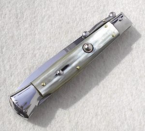 NEW OLD STOCK ITALIAN STILETTO 9" GENUINE  BRAZILIAN  HORN SWING GUARD KNIFE