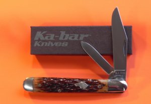 Vintage Ka-Bar Dog Head 2 Blade Trapper?Plowmans Knife w Chestnut Bone Handles - NOS & Near Mint