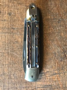 vintage HUBERTUS stag handled switchblade unused unsharpened etched spear blade vintage HUBERTUS stag handled switchblade unused unsharpened etched spear blade