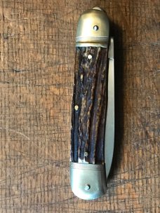 vintage HUBERTUS stag handled switchblade unused unsharpened etched spear blade vintage HUBERTUS stag handled switchblade unused unsharpened etched spear blade
