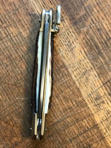 vintage HUBERTUS stag handled switchblade unused unsharpened etched spear blade vintage HUBERTUS stag handled switchblade unused unsharpened etched spear blade