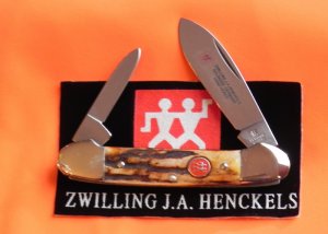 Vintage J A Henckels 2 Blade Canoe w/ Great Stag Handles & Blade Etch - M/NM -NICE ONE!