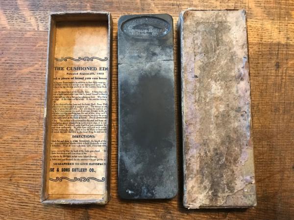 W.R. CASE & SONS CUT CO " THE CUSHIONED EDGER" straight razor hone/strop w/orig paper directions/box W.R. CASE & SONS CUT CO " THE CUSHIONED EDGER" straight razor hone/strop w/orig paper directions/box