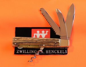 Vintage J A Henckels (Friodur) 3 Blade Push Lock Large Hunter +Corkscrew with Great Stag Handles