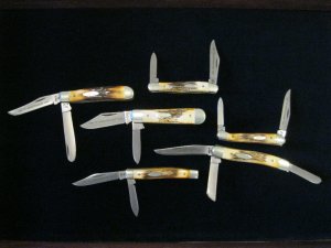 Lot of (6 of the 7) Case Vintage Case 75th Anniversary 1980  Stag Handle 10 Dot Knives-