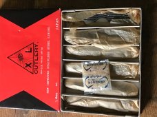 vintage full box of 6 EYE X L made in JAPAN bone handle easy open knives like new but old vintage full box of 6 EYE X L made in JAPAN bone handle easy open knives like new but old