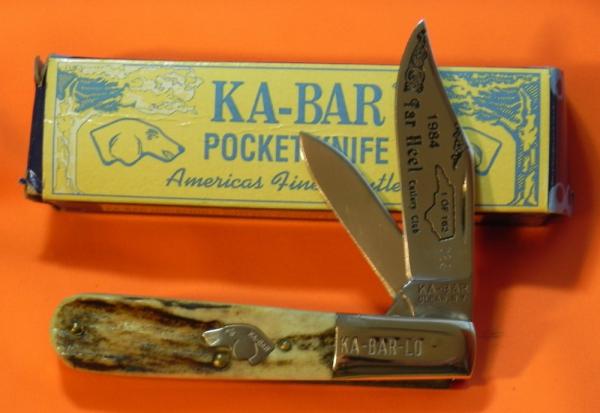 1984 Ka-Bar 2 Blade Dog Head Barlow Knife w/ Stag Handles -Tarheel Cutlery Club Etching -NOS & M/NM 1984 Ka-Bar 2 Blade Dog Head Barlow Knife w/ Stag Handles -Tarheel Cutlery Club Etching -NOS & M/NM