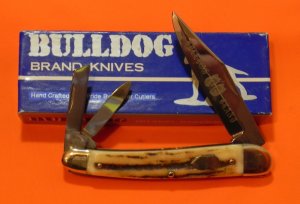 Vintage Bulldog Brand  Whittler Pocket Knife w Great Stag Handles & Double Dog Head Frost Blade Etch
