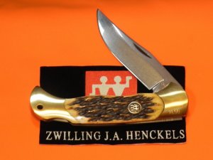 Hard to find..  J A Henckels Folding 4 & 1/2" Hunter Knife w/ Fossil Ivory Handles - NOS in Orig Box