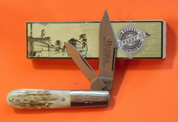 Russell (Green River Works) Barlow Pocket Knife w/ Worn Stag Handles & Blade Etch -Solingen Germany 
