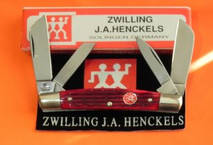Vintage, NOS, J A Henckels 4 Blade Congress Knife w Nice Red PickBone Handles +Red Shield & Orig Box