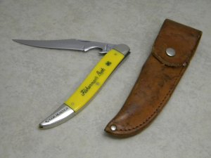 Camillus New York USA Yellow #5 "Fisherman's Luck" Linerlock Toothpick Fish Knife and Leather Pouch