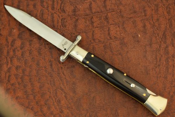 AKC ITALY HORN HANDLED SWITCH BLADE BUTTON KNIFE LOCK BACK STILLETTO NICE (5877)