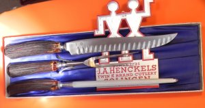 J A Henckels Carving Set (Holl-O-Edge), Knife, Serving Fork & Sharpener +Stag Handles -NOS +Orig Box