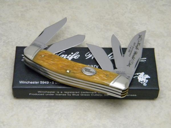 Winchester Made in USA Bone 5949 "20th Anniversary Knife World" 5 Blade Sowbelly Knife in Box c.1997