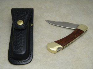 Kabar KA-BAR Wood & Brass Large Folding Hunter Lockback Knife in Pouch