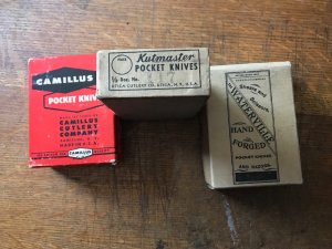 3 empty knife boxes CAMILLUS, WATERVILLE, KUTMASTER