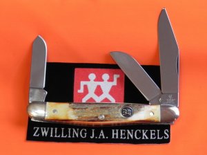 Vintage J A Henckels 3 Blade Stockman Pocket Knife (HK-3-S) w Stag Handles -NOS 